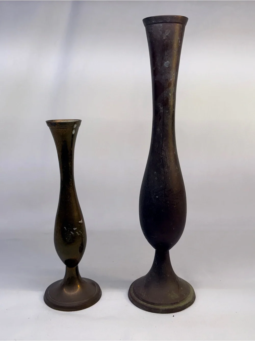 Vintage Tall Brass Bud Vases - Set of 2 Matching Silhouette Patina Trumpet Vases